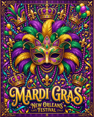 Fototapeta premium Mardi gras festival poster with ornate mask feathers and crowns
