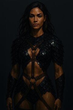 Powerful attractive female assassin looking side with stern expression in dark comic art
