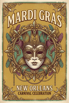 Retro vintage mardi gras new orleans carnival celebration poster design