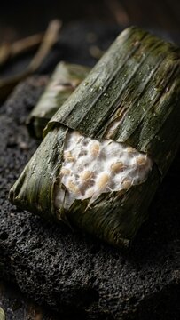 Raw Indonesian tempeh wrapped in banana leaves resting on dark volcanic stone in natural light