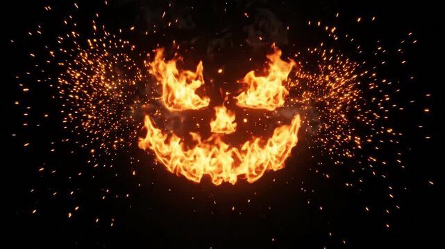 Fiery Halloween pumpkin face made of bright orange flames on a dark black background.