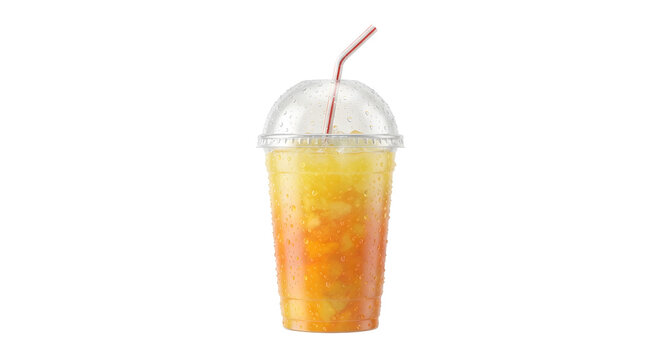 Plastic cup with iced fruit juice and straw isolated on transparent background
