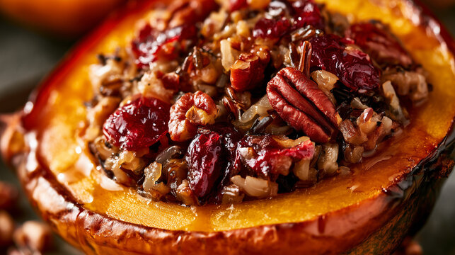 Stuffed acorn squash macro close-up, roasted wild rice filling &mdash; perfect for restaurant menu design, holiday main dish branding, and seasonal food marketing