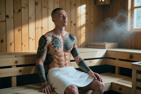 Young adult man relaxing in sauna, breathing deeply with eyes closed, showing wellness recovery and self care ritual. Ideal for spa marketing, mens health, detox, mindfulness campaigns