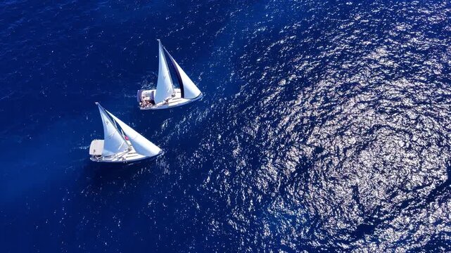 Aerial view of sailboat in the deep blue sea in Sardinia, Italy