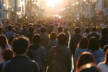 Fototapeta premium 夕日の光が差し込む都会の雑踏を活気よく行き交う大勢の人々