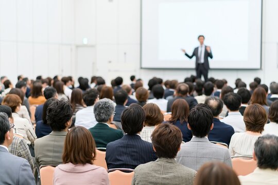 講演会で大勢の聴衆が真剣に聞くビジネスセミナー風景