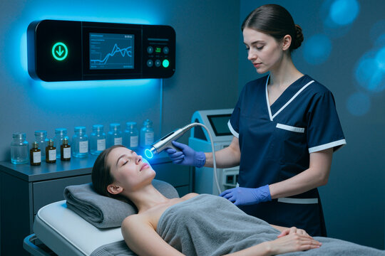 Young adult Caucasian woman receiving facial skincare treatment from female clinician using cosmetic device in medical spa. Ideal for beauty clinic marketing, dermatology services, anti aging care