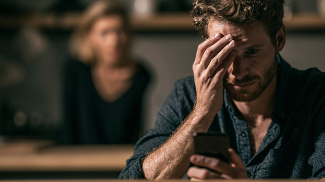 A man hiding the screen of his phone by cupping his hand over it, sitting at a table and while his partner is standing in the background.