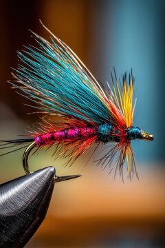 A colorful hand-made artificial fly on a fishing hook.
