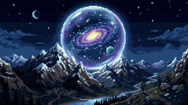 Pixel art illustration of a majestic mountain landscape at night with a giant sphere containing a galaxy and stars