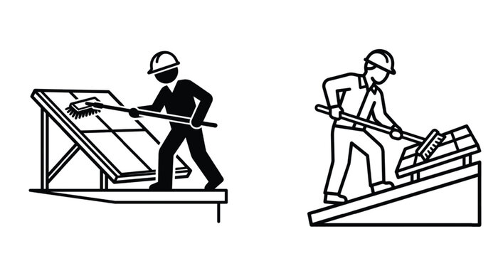 Solar energy workers performing panel cleaning and rooftop maintenance service silhouette outline graphic