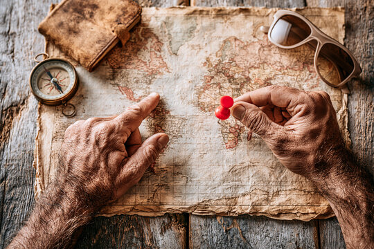 A pair of hands placing a bright red travel pin onto a detailed, vintage-style paper map spread out on a rustic wooden table.