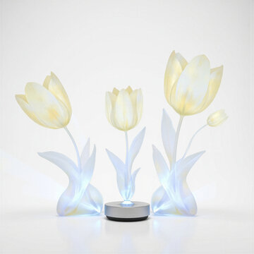 Holographic Tulips Projection Three holographic vase projecting tulips (Tulipa), light beams forming shapes, projector base metallic, isolated on a pure