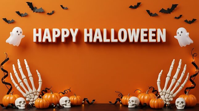 Happy halloween pixel art banner with ghosts, bats, skeletons, and pumpkins