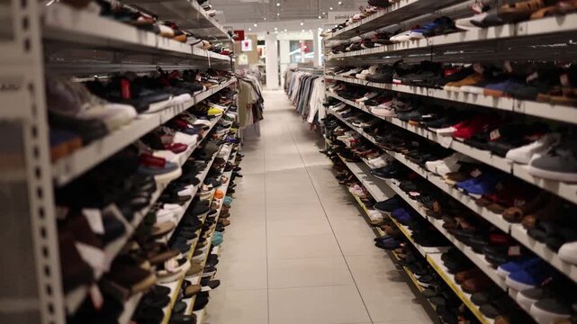 Men footwear store aisle features rows of sneakers casual shoes and sandals arranged on long retail shelves with clothing racks visible in a bright modern shopping space