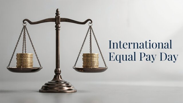 A vintage scale balanced with stacks of gold coins for International Equal Pay Day. A conceptual image illustrating fairness in labor and financial justice.