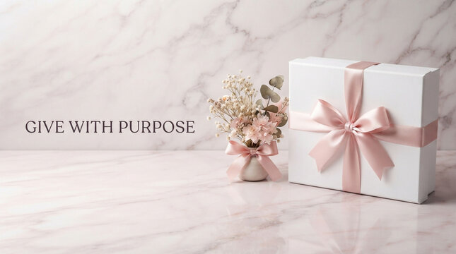 Elegant white gift box with pink ribbon, dried flower bouquet on marble surface, Give With Purpose text for luxury branding