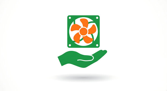 Vector illustration of hand hold fan. Icon of HVAC Heating Ventilation Air Conditioning. Symbol of air ventilation cooling heating circulation technology Concept a vector.