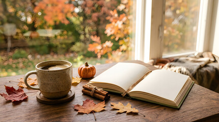 Fototapeta premium Open book with coffee and autumn leaves