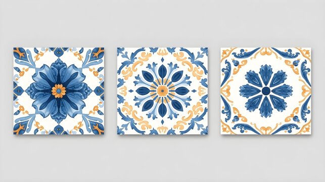 Ornate Mediterranean Ceramic Tile Pattern Vector Set with Floral Elements