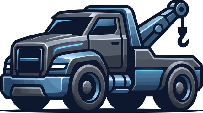 Stylized tow truck illustration with crane hook for roadside assistance and vehicle recovery.