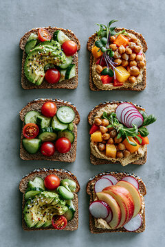 Six slices of bread topped with fresh, colorful ingredients: avocado, cucumbers, cherry tomatoes, hummus, chickpeas, bell peppers.