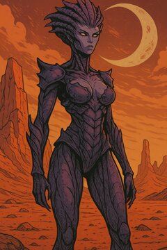 Alien queen with chitinous carapace standing in alien desert setting