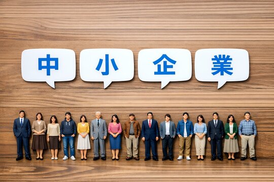 中小企業の文字と集まる多様なビジネスパーソンのイメージ