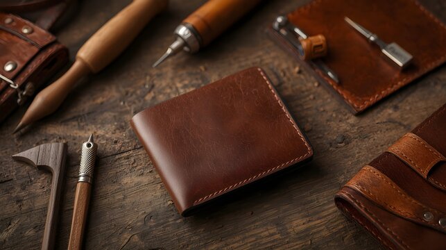 Handmade Genuine Leather Wallet on Craftsman Wooden Workbench with Tools