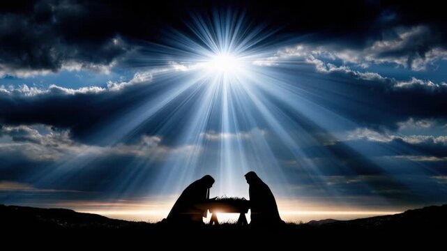 A radiant star shines over a silhouette of the nativity scene, with Mary and Joseph gazing at the baby Jesus in a manger. ..Created with Generative AI, not depicting real subjects.