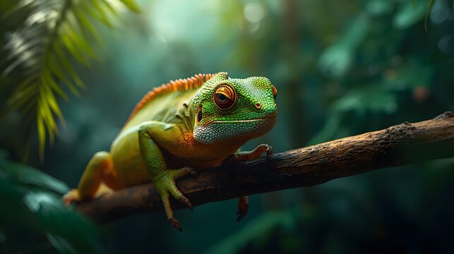 Detailed Green Iguana Lizard Perched on Tree Branch in Rainforest