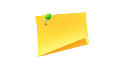 A blank yellow sticky note pad with green pushpin symbol of office reminder, memo message, and task pin board isolated on transparent PNG background © Ayush