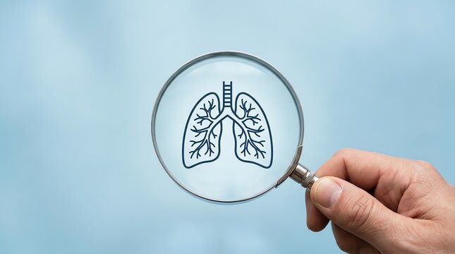 Human lungs illustration viewed through a magnifying glass for respiratory health research