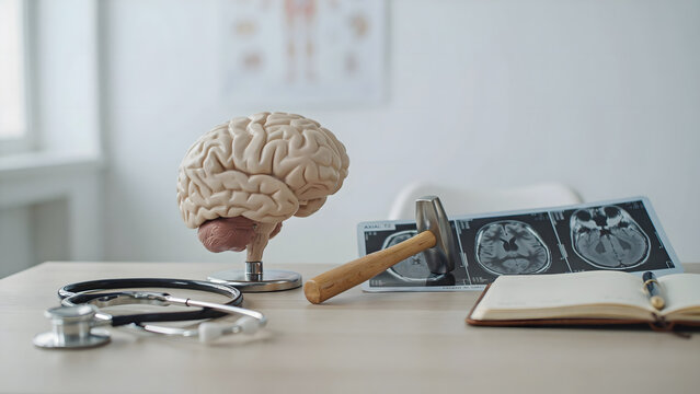 Anatomical brain model with a reflex hammer stethoscope and medical scan images