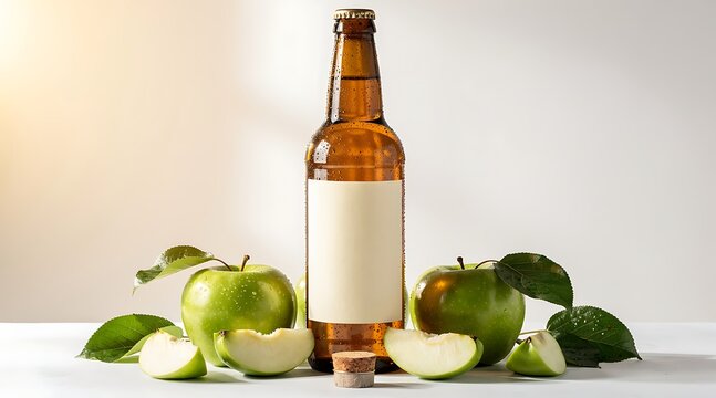 Refreshing Apple Cider Beverage in a Bottle with Fresh Green Apples.