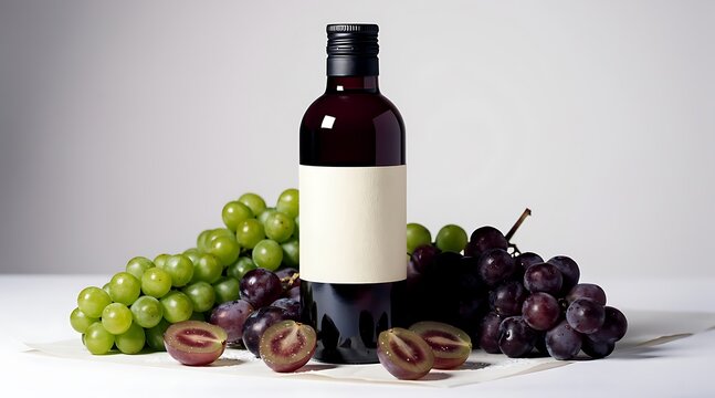 Dark glass bottle of wine surrounded by fresh green and purple grapes on a white surface.