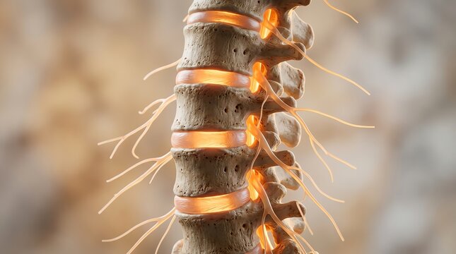 3D Render of Human Spine Anatomy with Glowing Intervertebral Discs and Nerves