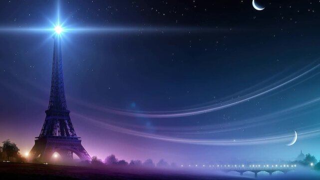 A surreal night view of the Eiffel Tower illuminated by a bright star and the crescent moon. ..Created with Generative AI, not depicting real subjects.