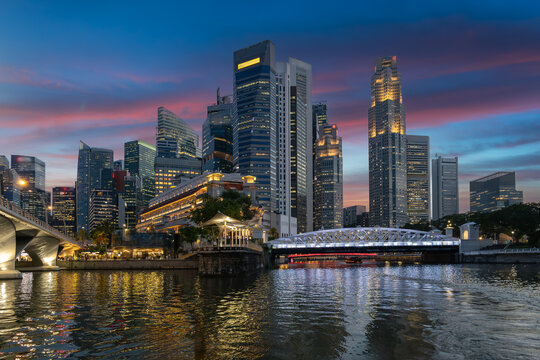 Singapore City Skyline and Anderson Bridge at Dusk