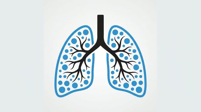 Abstract illustration of human lungs with blue circular alveoli and bronchial tree structure