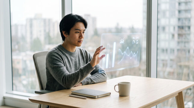 Asian businessman working on a wooden desk using a floating holographic dashboard display in a bright office. Modern remote work and AI data analysis.