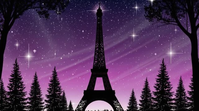 A silhouette of the Eiffel Tower stands tall against a vibrant purple night sky, adorned with twinkling stars and swirling celestial patterns.Created with Generative AI, not depicting real subjects.