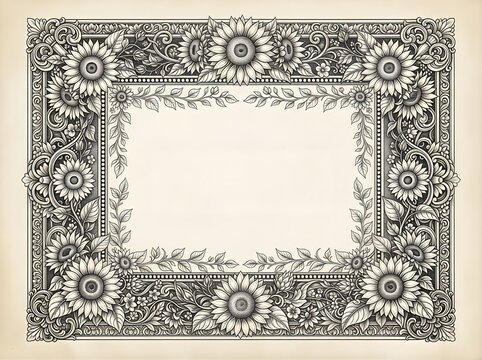 Vintage Engraved Decorative Frame with Sunflowers and Floral Ornaments.