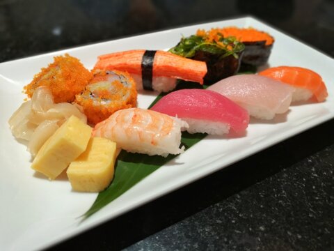 Assorted sushi in Japanese restaurant