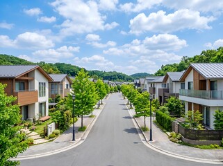 Obraz premium 青空と新緑が美しい新興住宅地における新しい暮らしの街並み