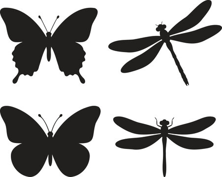 Set of black butterfly and dragonfly silhouettes