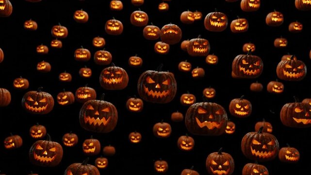 Floating glowing jack-o-lanterns on black background for Halloween party backdrop