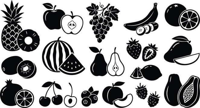 Set of fresh tropical and garden fruit icons