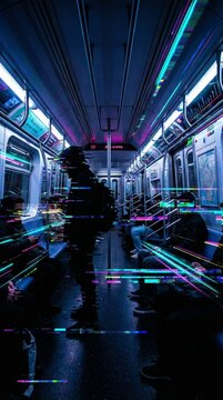 neon lit subway car interior with motion blur commuters, futuristic cyberpunk city commute atmosphere, digital glitch light streaks and urban nightlife mood